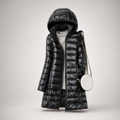 Women's Ultralight Down Jacket with Hooded Shell Close Up