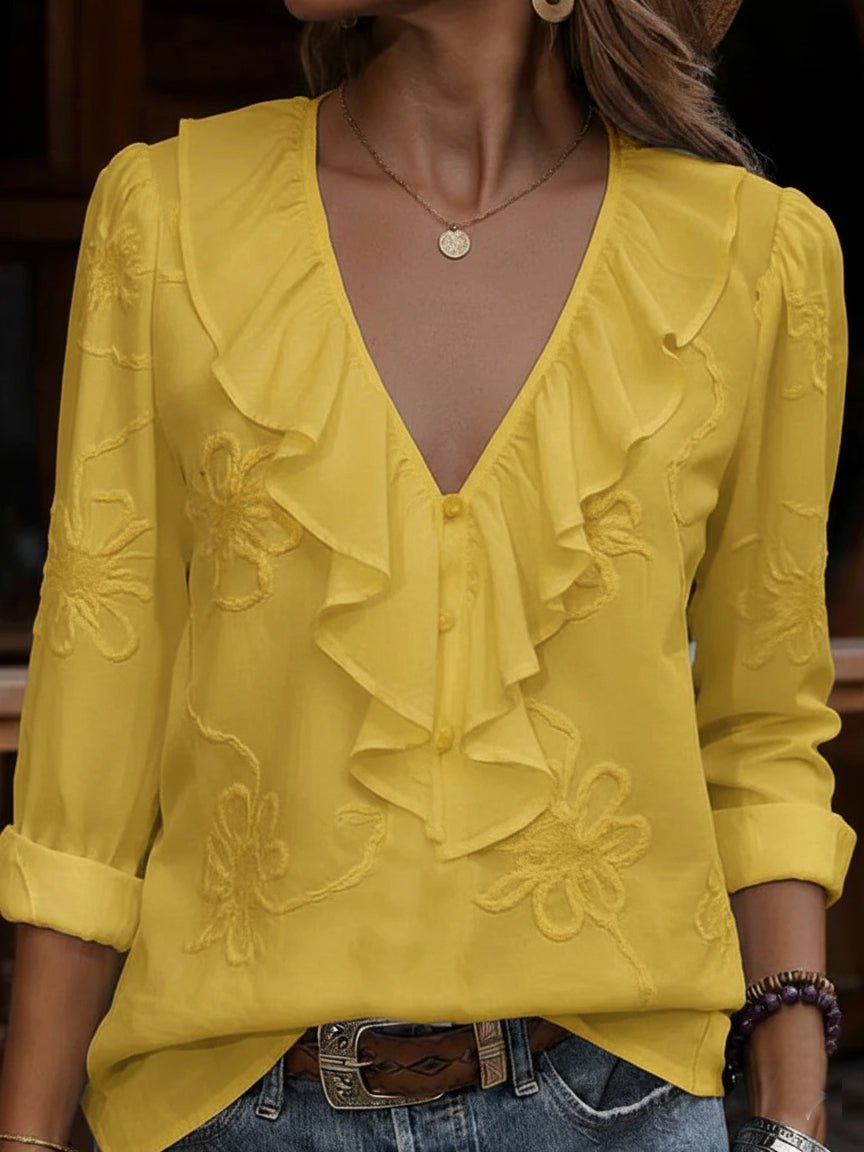 Women's Vintage Floral V-Neck Shirt with Frill Detail Back