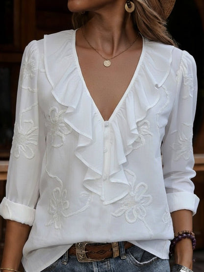 Women's Vintage Floral V-Neck Shirt with Frill Detail Hero