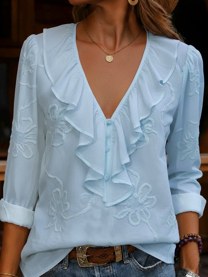 Women's Vintage Floral V-Neck Shirt with Frill Detail Side