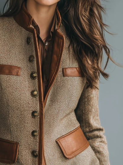 Women's Vintage Herringbone Tweed Jacket with Leather-Trim Detail Detail