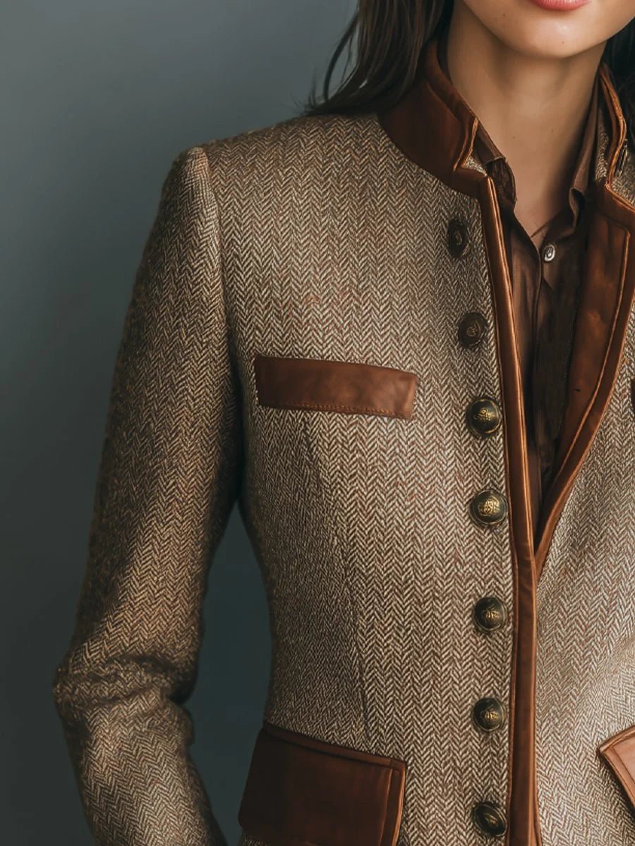 Women's Vintage Herringbone Tweed Jacket with Leather-Trim Detail Front