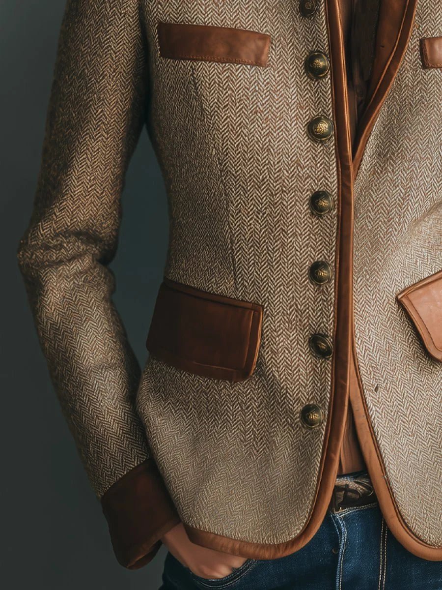 Women's Vintage Herringbone Tweed Jacket with Leather-Trim Detail Side