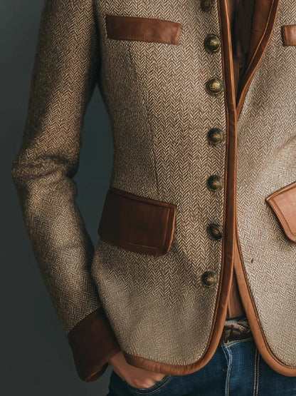 Women's Vintage Herringbone Tweed Jacket with Leather-Trim Detail Side