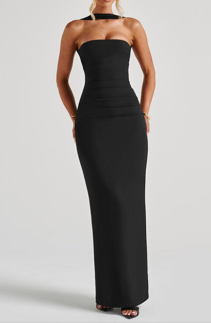 Women’s Strapless Column Maxi Dress | Removable Scarf Evening Gown